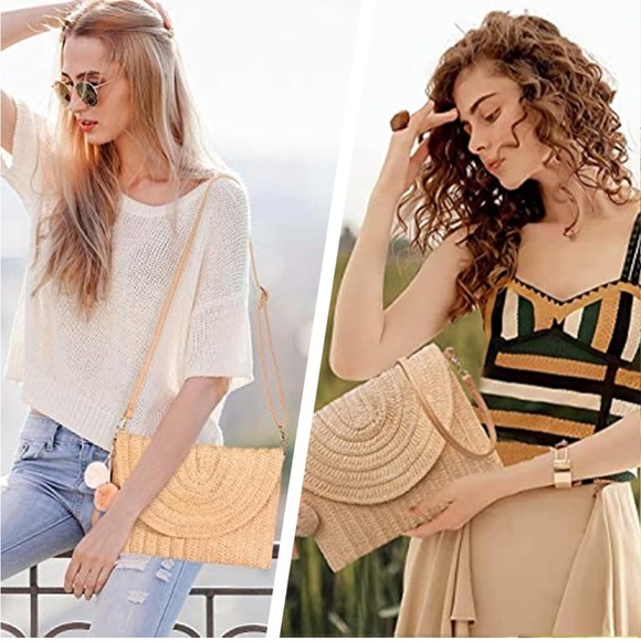 Summer straw style cross body woven bag with pom poms - Beige/tan - Picture 5 of 7